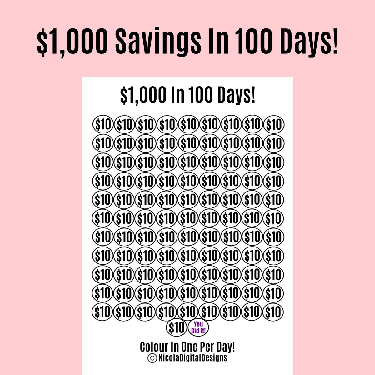 1 000 Money Saving Challenge Printable Save 1 000 In 100 Days Savings Tracker Savings Printable Planner Etsy
