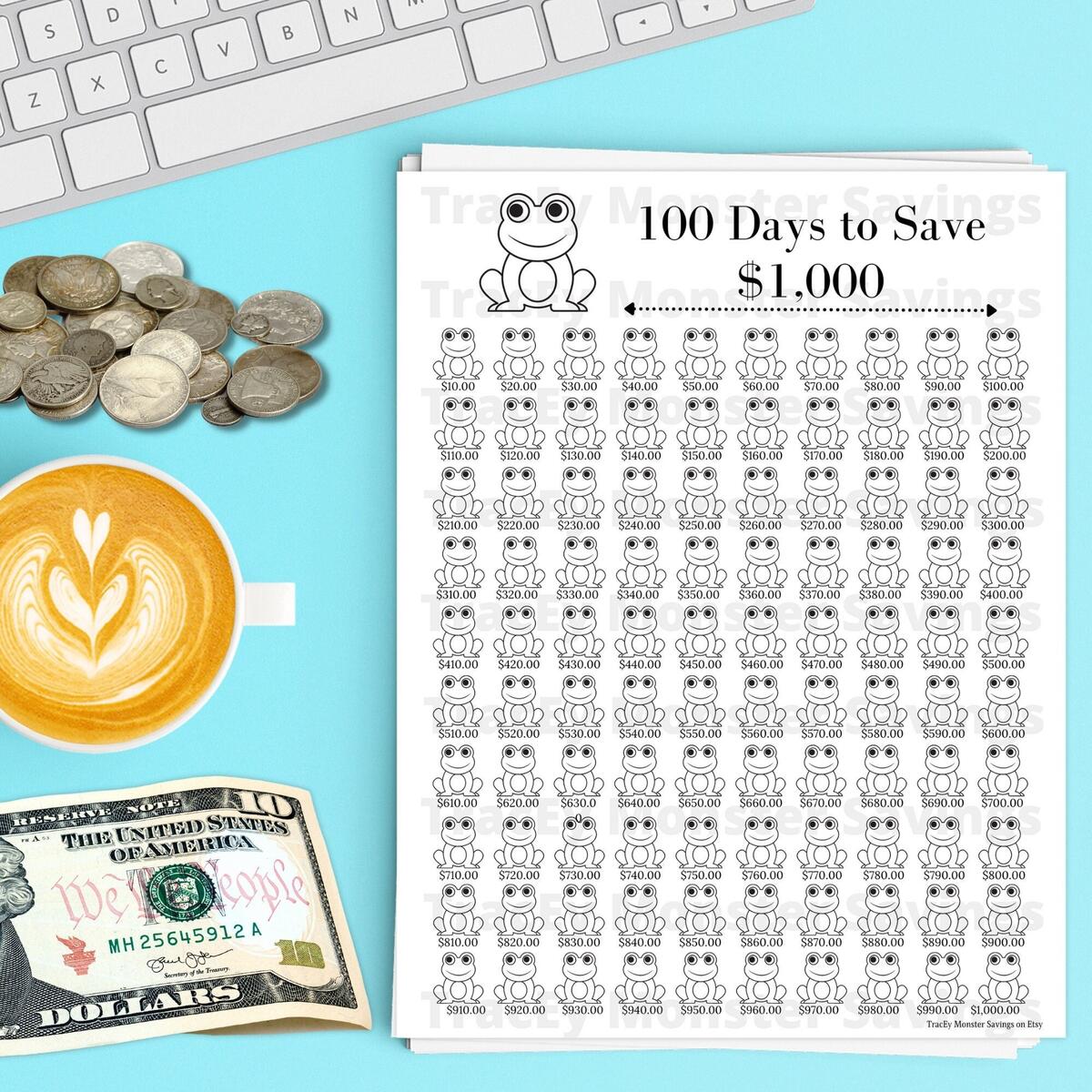 100 Days To Save 1000 Daily Savings Challenge Tracker Frogs Saving Money Daily Challenge 100 Days Digital Download Printable Etsy