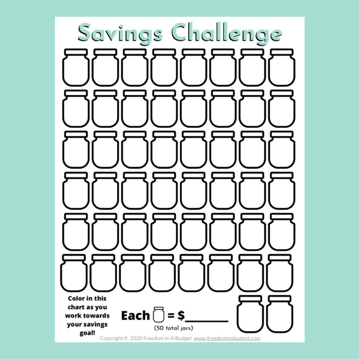 50 Jar Savings Challenge Tracker Printable PDF Etsy