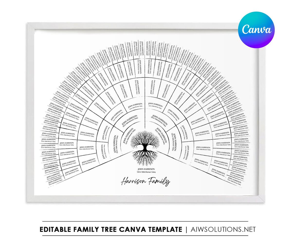 7 Generation Family Tree Template Editable Genealogy Fan Chart Canva Etsy