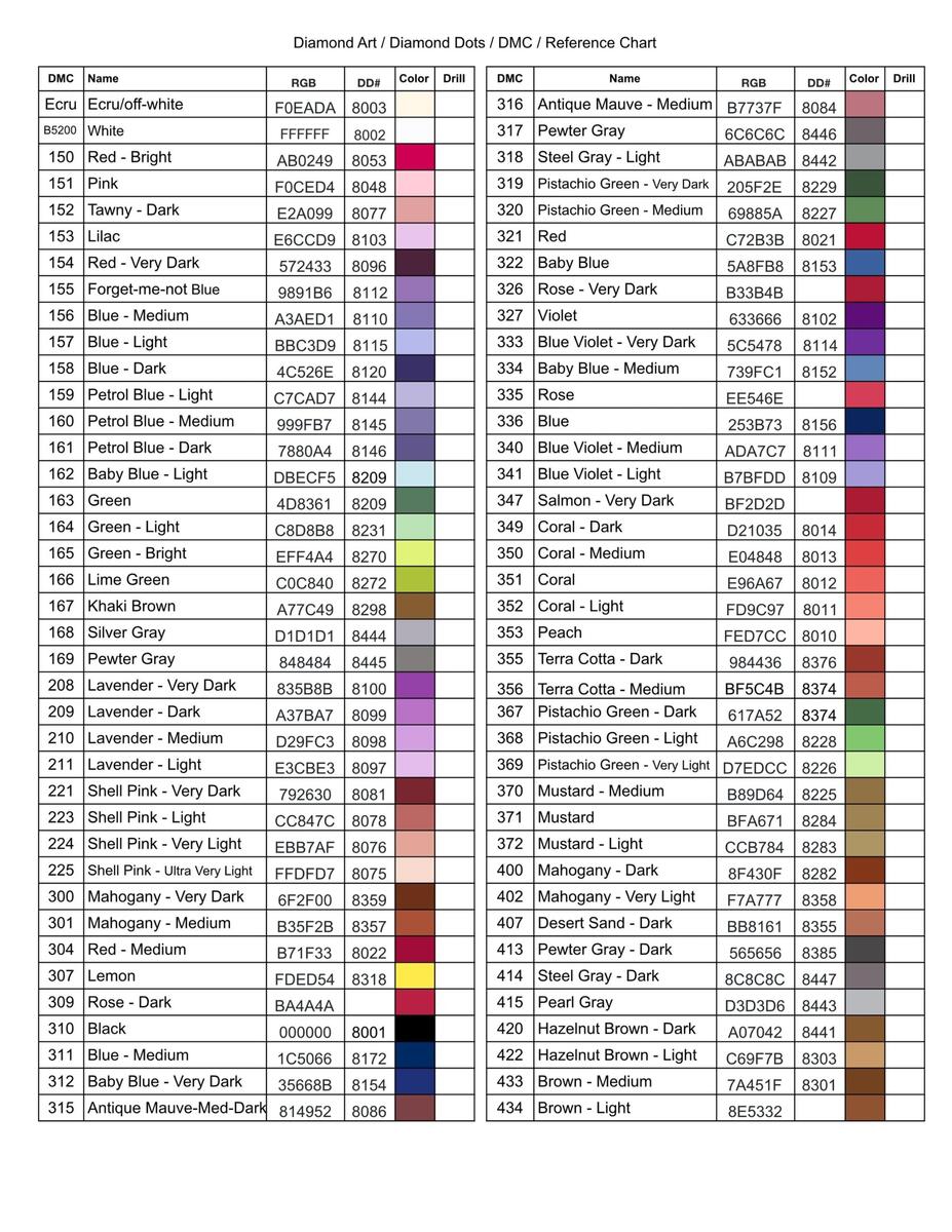 DMC Diamond Painting Color Chart Printable Resin Diamonds PDF Etsy Norway Diamond Painting DMC Color Chart In Illustrator PDF Download Template