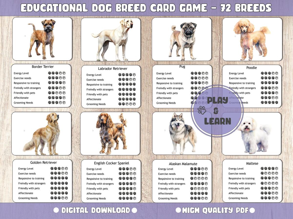 Dog Breeds Printable Educational Dog Breed Cards 72 Breeds Learn Dog Breeds And Characteristics Instant Download Kids And Adults Etsy