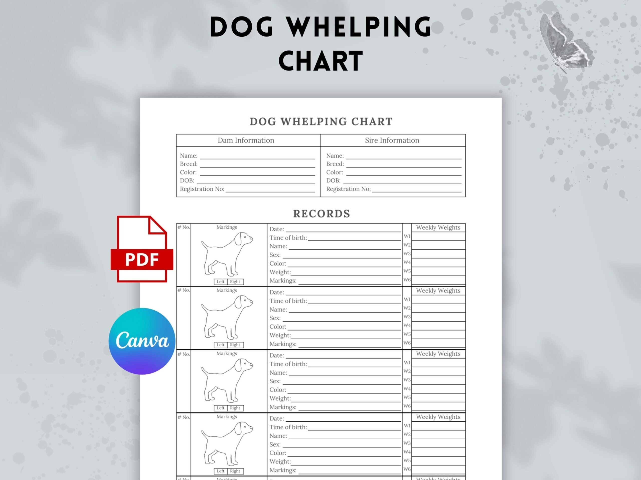 Dog Whelping Chart Template Puppy Weight Tracker Digital Download Etsy