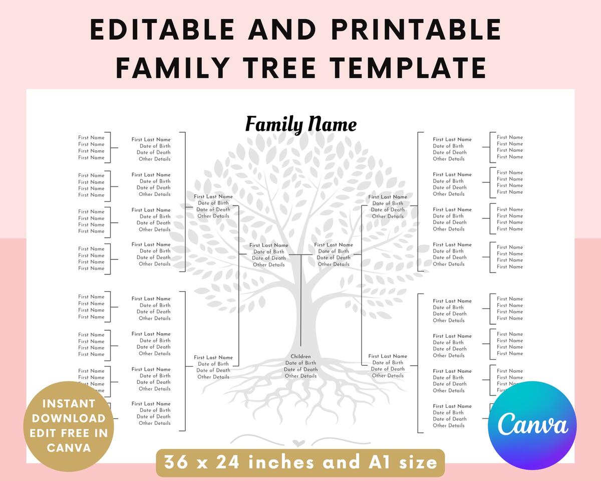 Editable Family Tree Template Family Tree Chart Printable 5 Generations Genealogy Chart Template Edit In Canva Genealogy Poster Etsy 4 Free Family Tree Templates For Genealogy Craft Or School Projects