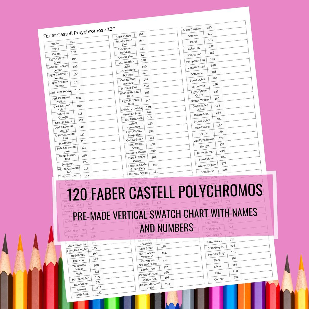 Faber Castell 120 Polychromos Colored Pencils Swatch Chart US LETTER A4