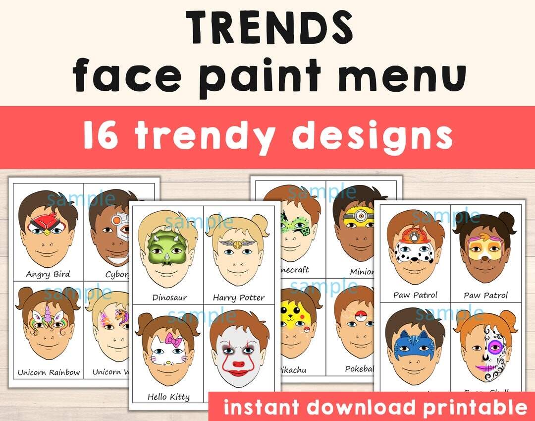 Face Painting Menu Board Choice Kids Paint Pack Of 16 Trendy Full Face Or Half Face Designs Digital Download Printable Etsy Face Painting Menu Board Choice Kids Paint Pack Of 16 Trendy Full Face Or Half Face Designs Digital Download Printable Etsy