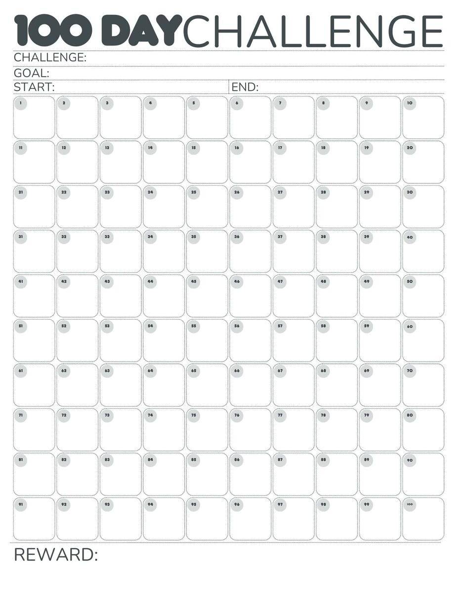 Free 100 Day Challenge Calendar
