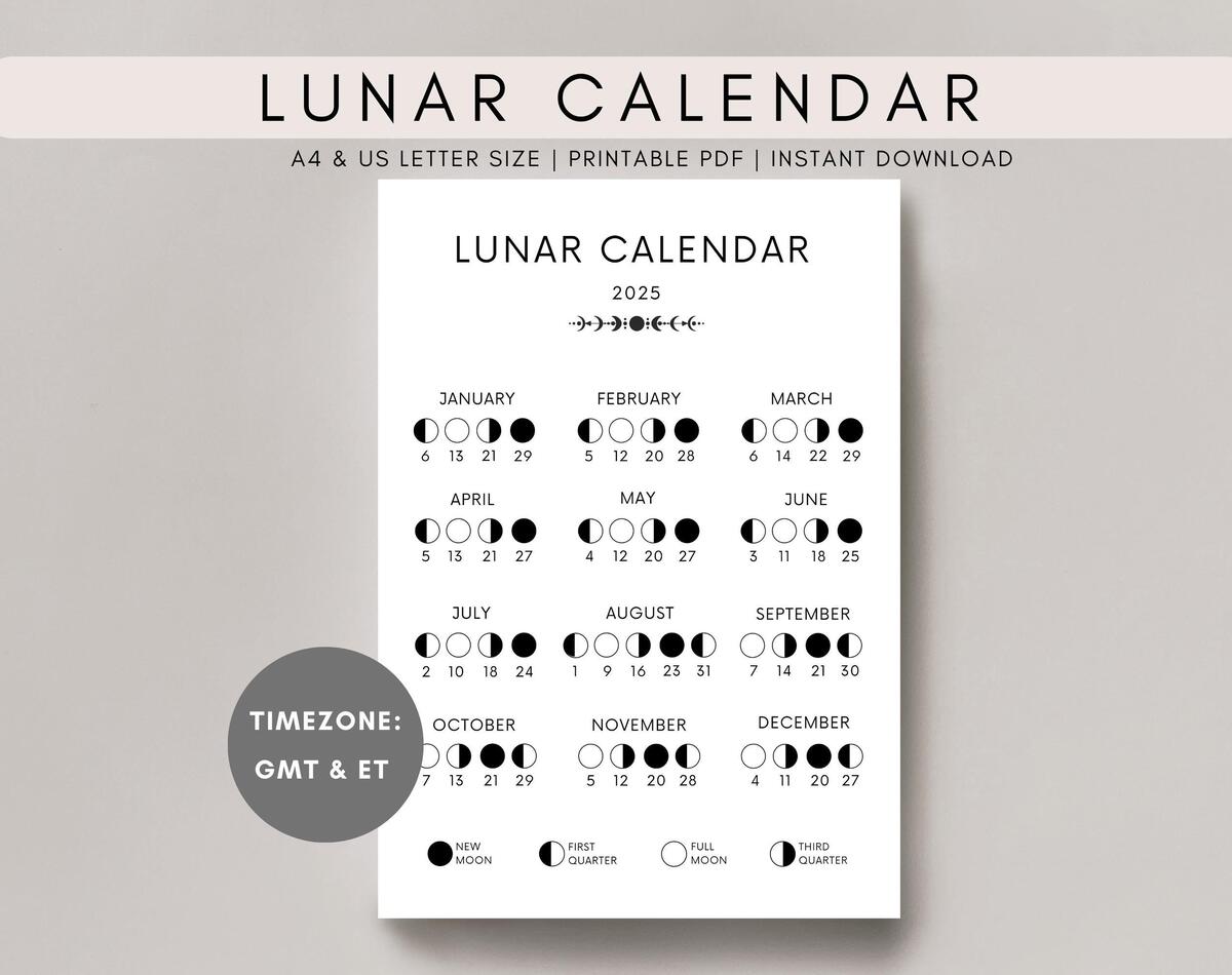 Lunar Calendar 2025 Moon Calendar Lunar Phase Calendar Printable Lunar Calendar A4 A5 US Letter Size Etsy
