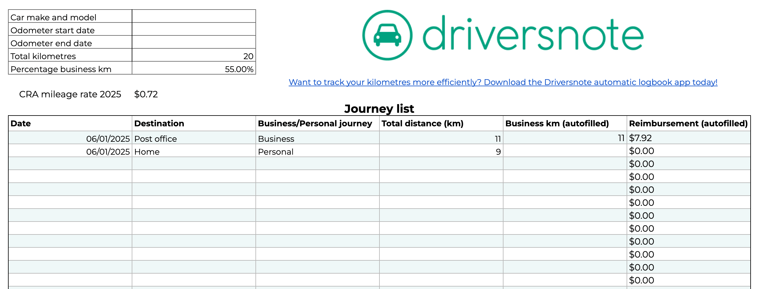 Mileage Log Template 2025 Free Excel And PDF Logbook