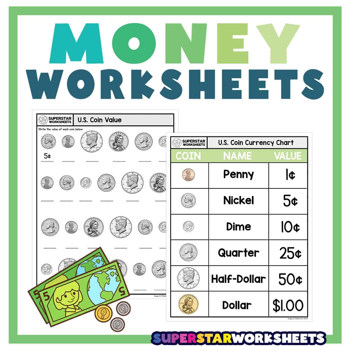 Money Worksheets Free Printables Superstar Worksheets Coins Dime Nickel Penny Quarter Counting Money Elementary Anchor Charts School Posters Education Etsy