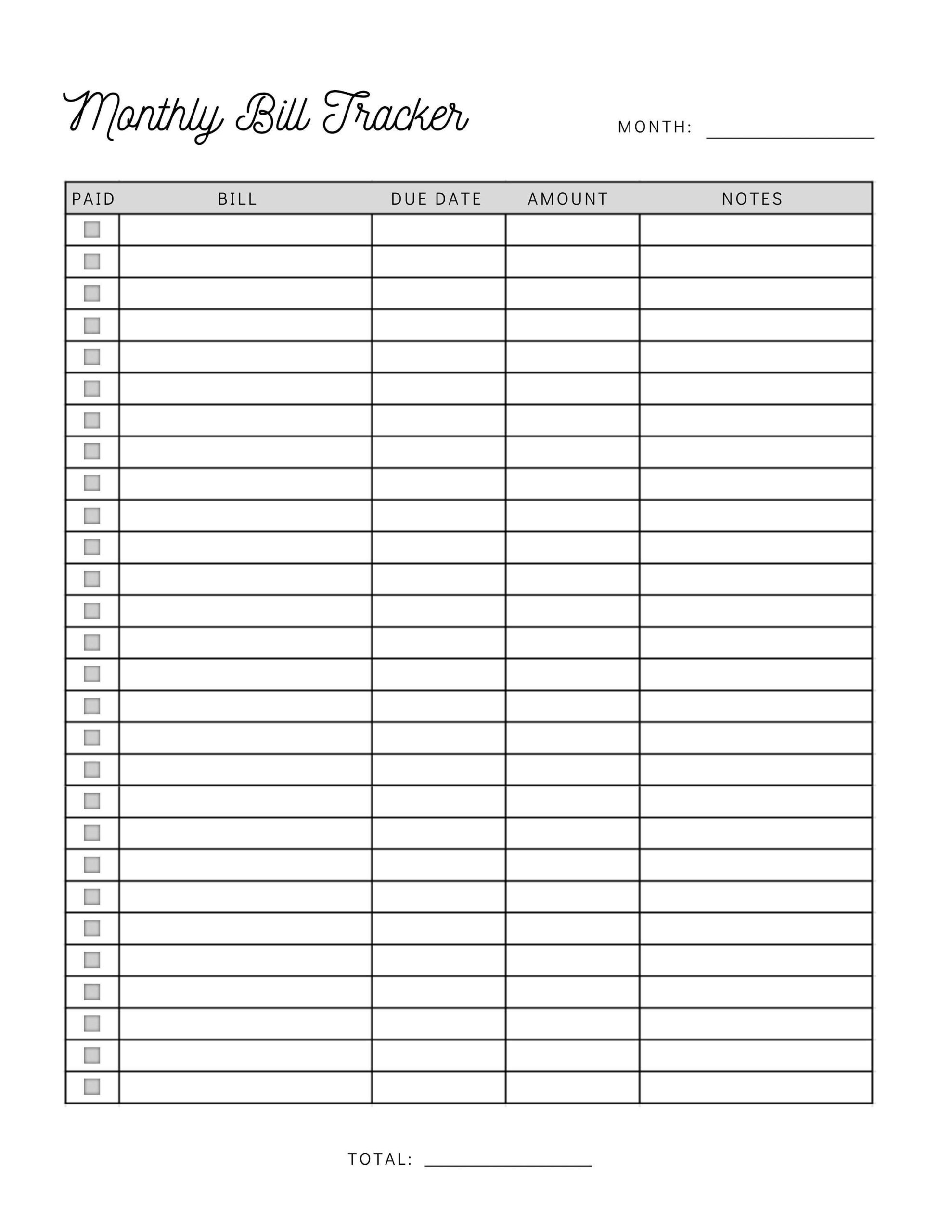 Bill Payment Chart 10 Free PDF Printables Printablee