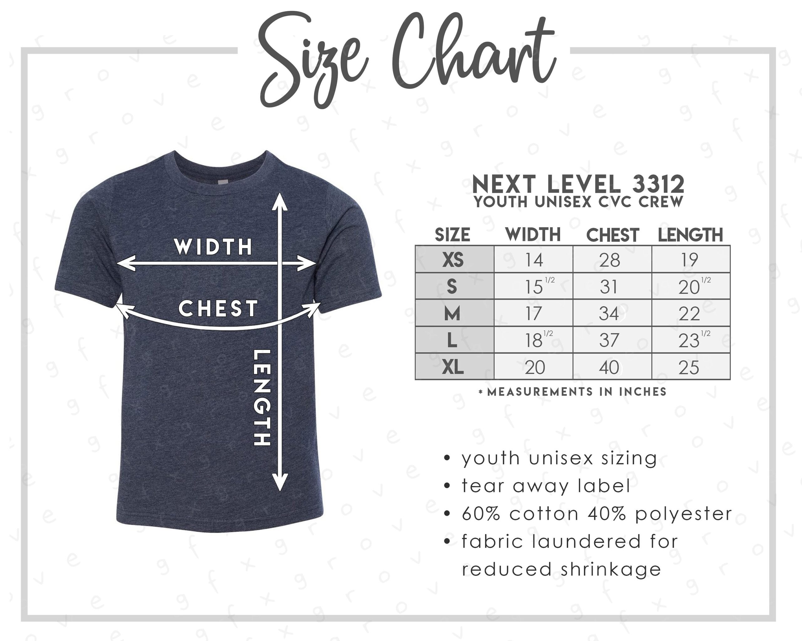 Next Level 3312 Size Chart Next Level Youth CVC Crew Size Chart Next Level Youth T Shirt Size Chart NL3312 Etsy