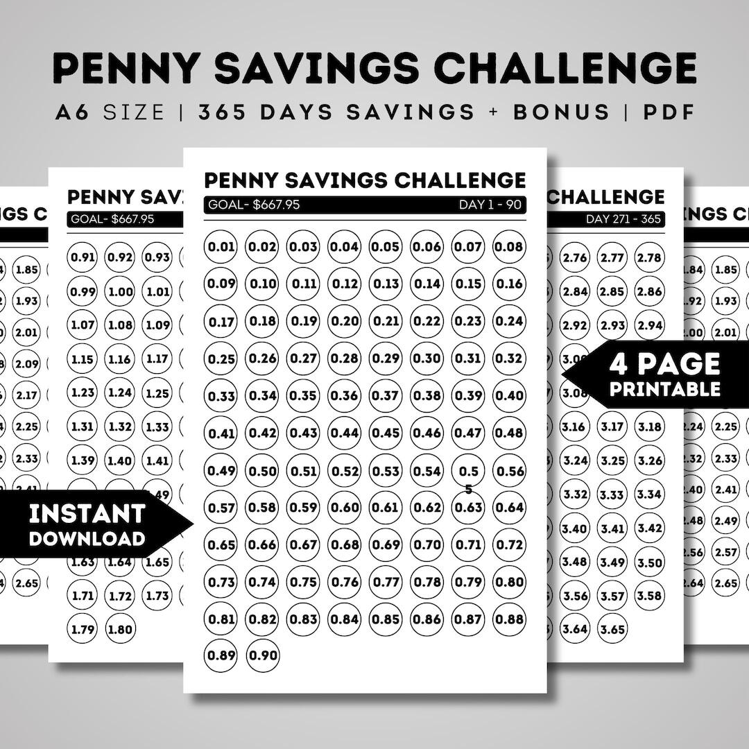 Penny Savings Challenge Printable 365 Day Penny Savings Challenge A6 Sized Saving Trackers Save 667 95 In 365 Days Low Income Savings A6 Etsy