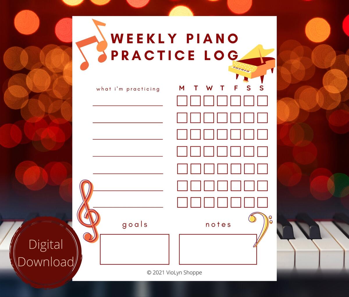 Weekly Practice Log Printable Music Practice Sheet Music Teacher Tool For Students Etsy
