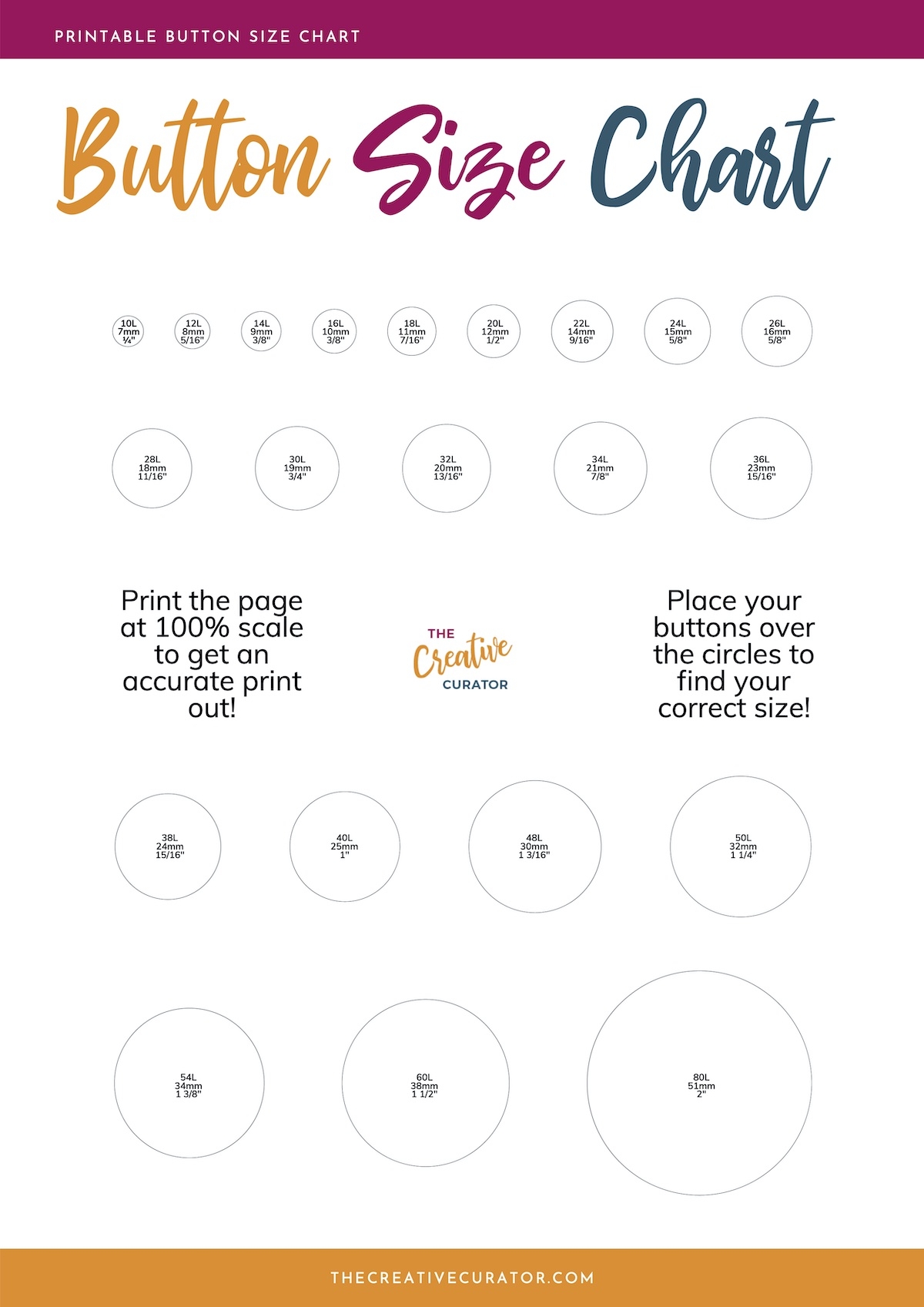 Button Sizes Chart Printable PDF TREASURIE
