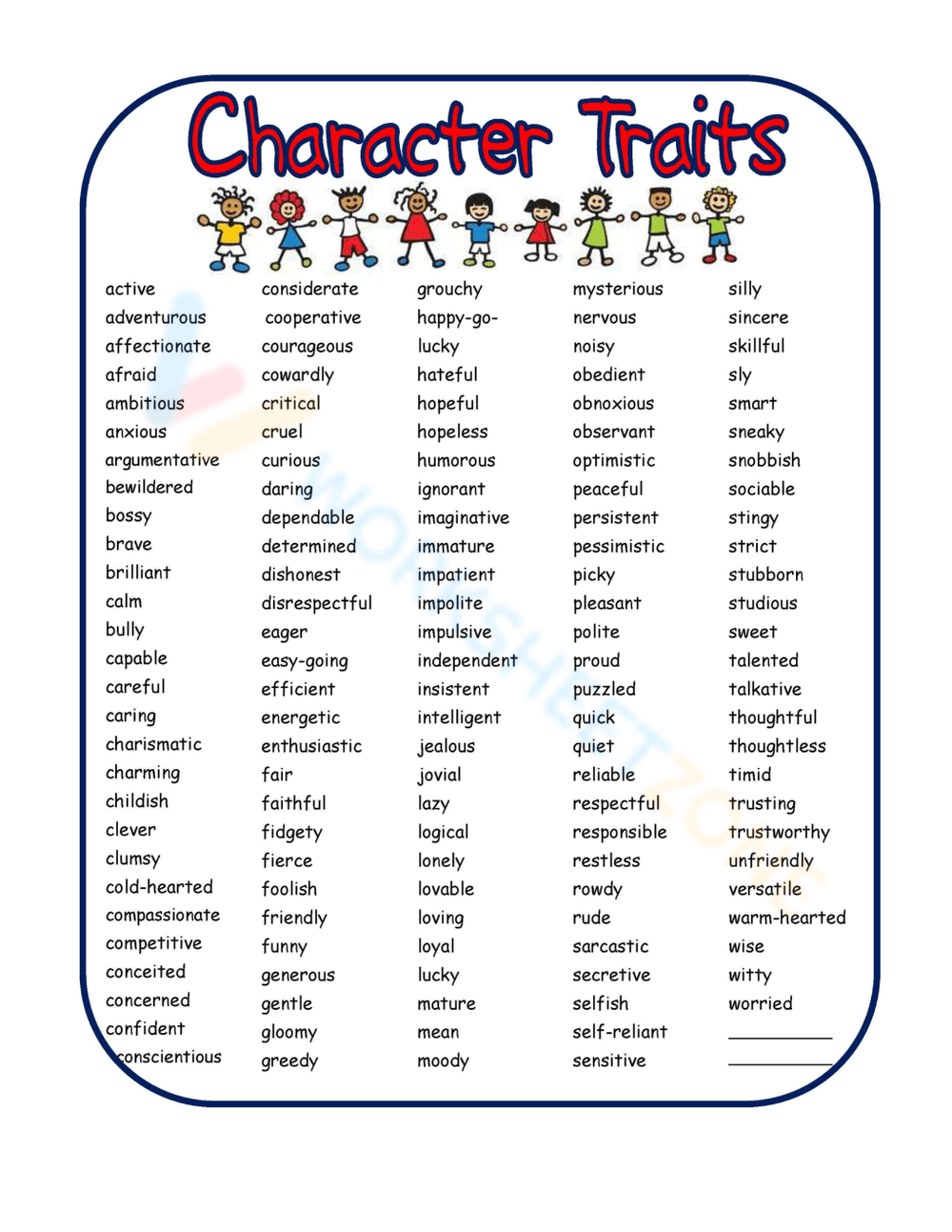 Printable Grade 6 Character Traits Worksheets Printable Grade 6 Character Traits Worksheets