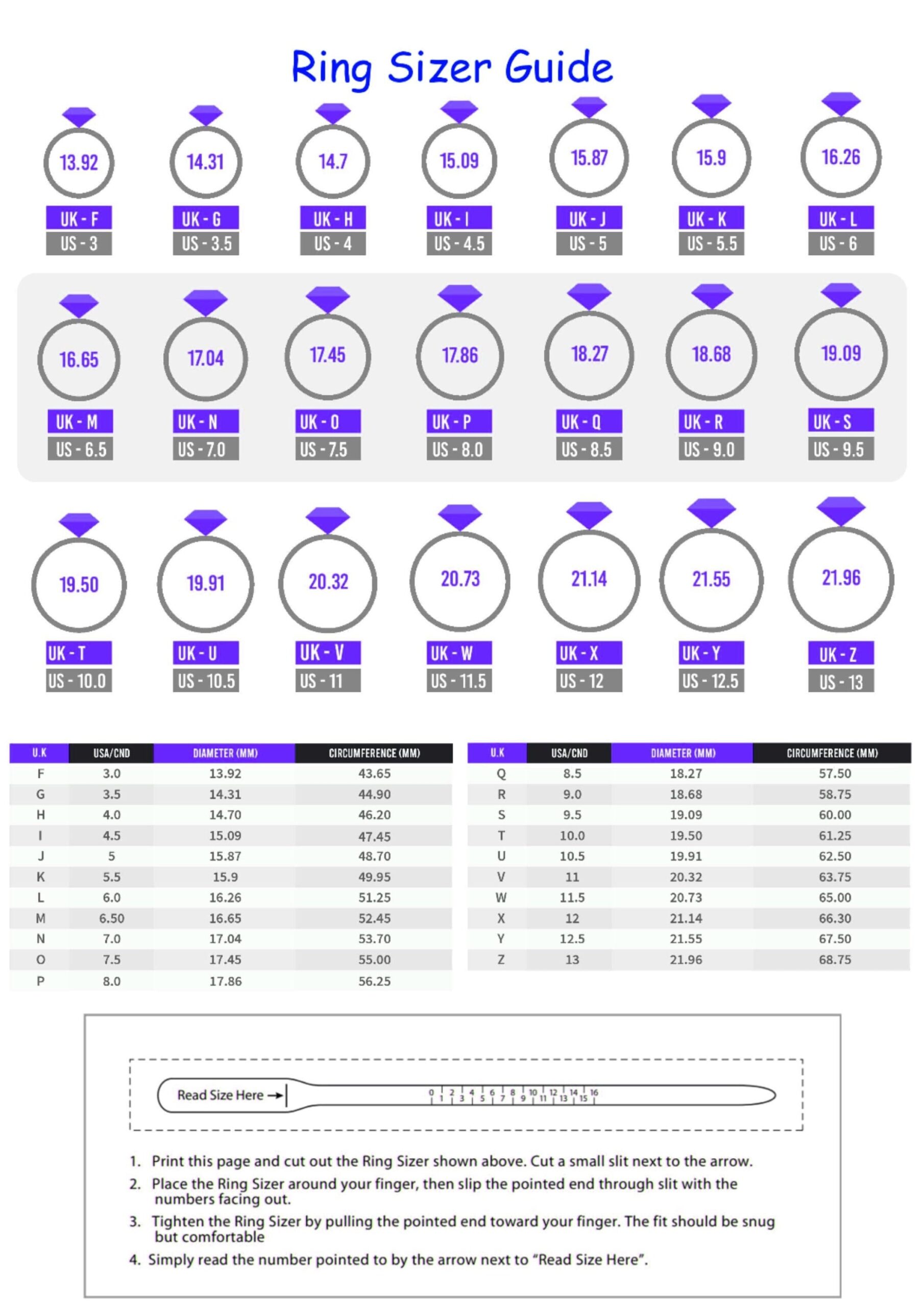 Printable Ring Size Chart International Conversion Guide Instant Download Etsy