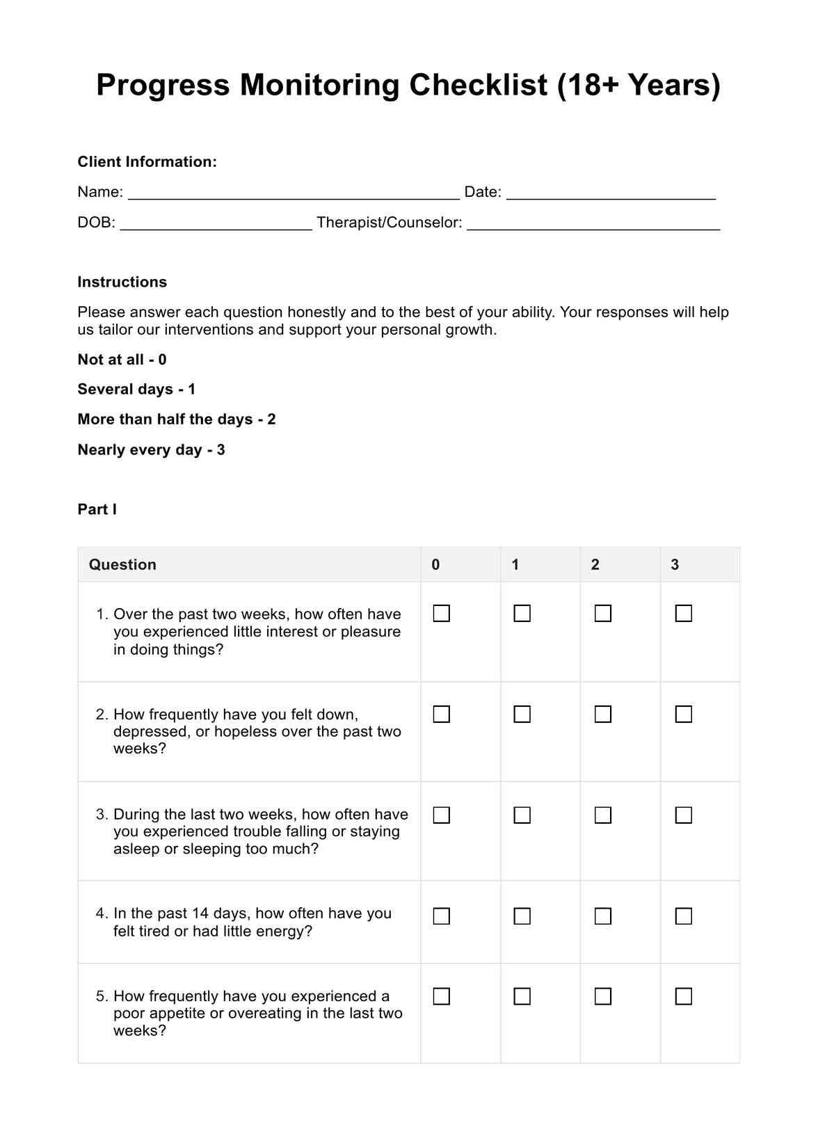 Progress Monitoring Checklist 18 Years Progress Monitoring Checklist 18 Years