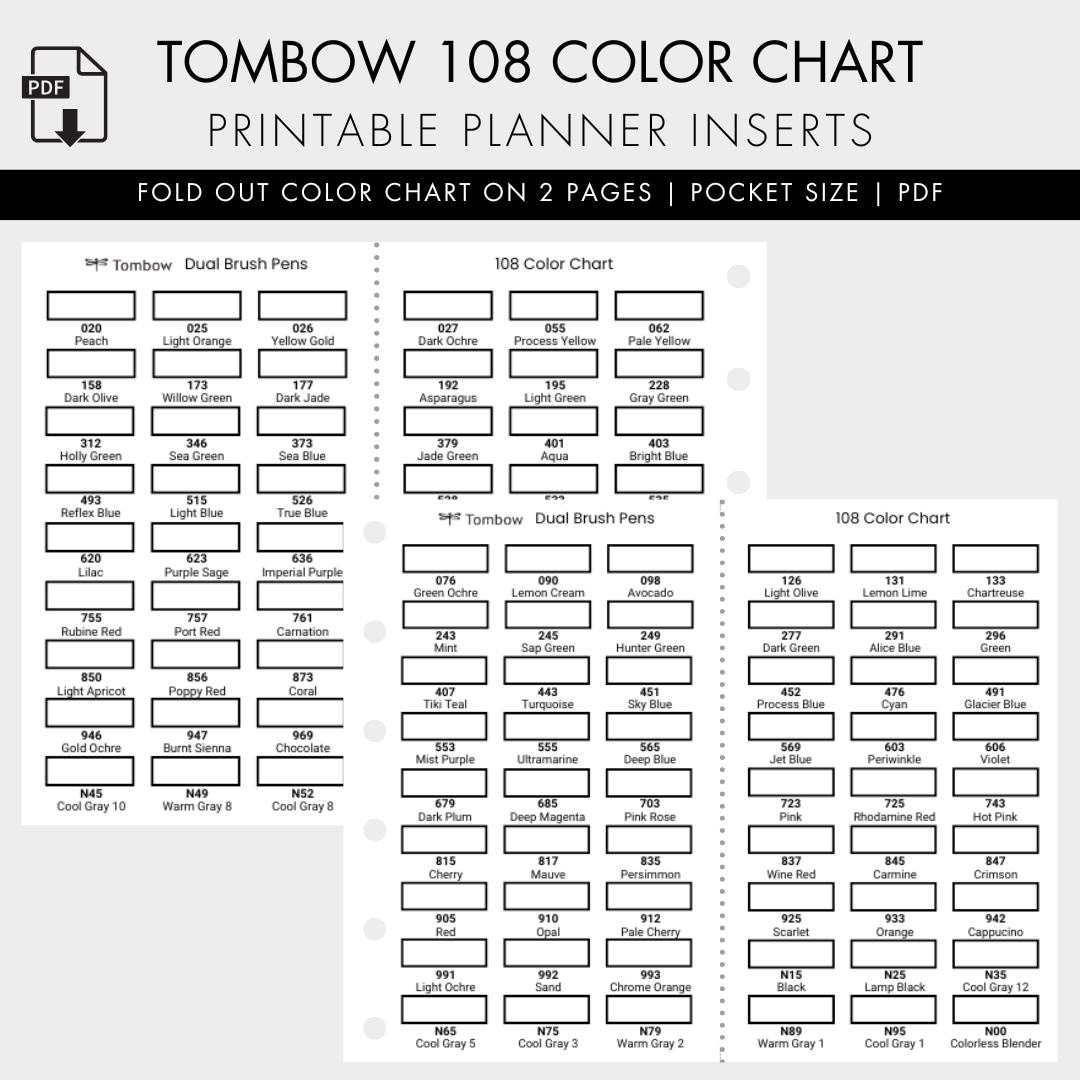 Tombow Dual Brush Pens 108 Color Chart Pocket Size Insert Digital Download Etsy