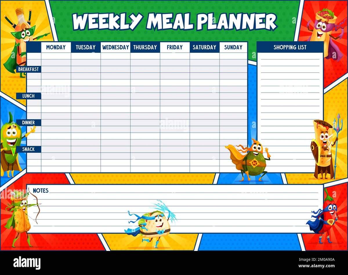 Weekly Meal Planner Superhero Mexican Tex Mex Food Characters Vector Timetable Week Food Plan Organizer Template With Tequila Jalapeno Enchiladas Burrito Tacos And Avocado Comics Personages Stock Vector Image Art Weekly Meal Planner Superhero Mexican Tex Mex Food Characters Vector Timetable Week Food Plan Organizer Template With Tequila Jalapeno Enchiladas Burrito Tacos And Avocado Comics Personages Stock Vector Image Art