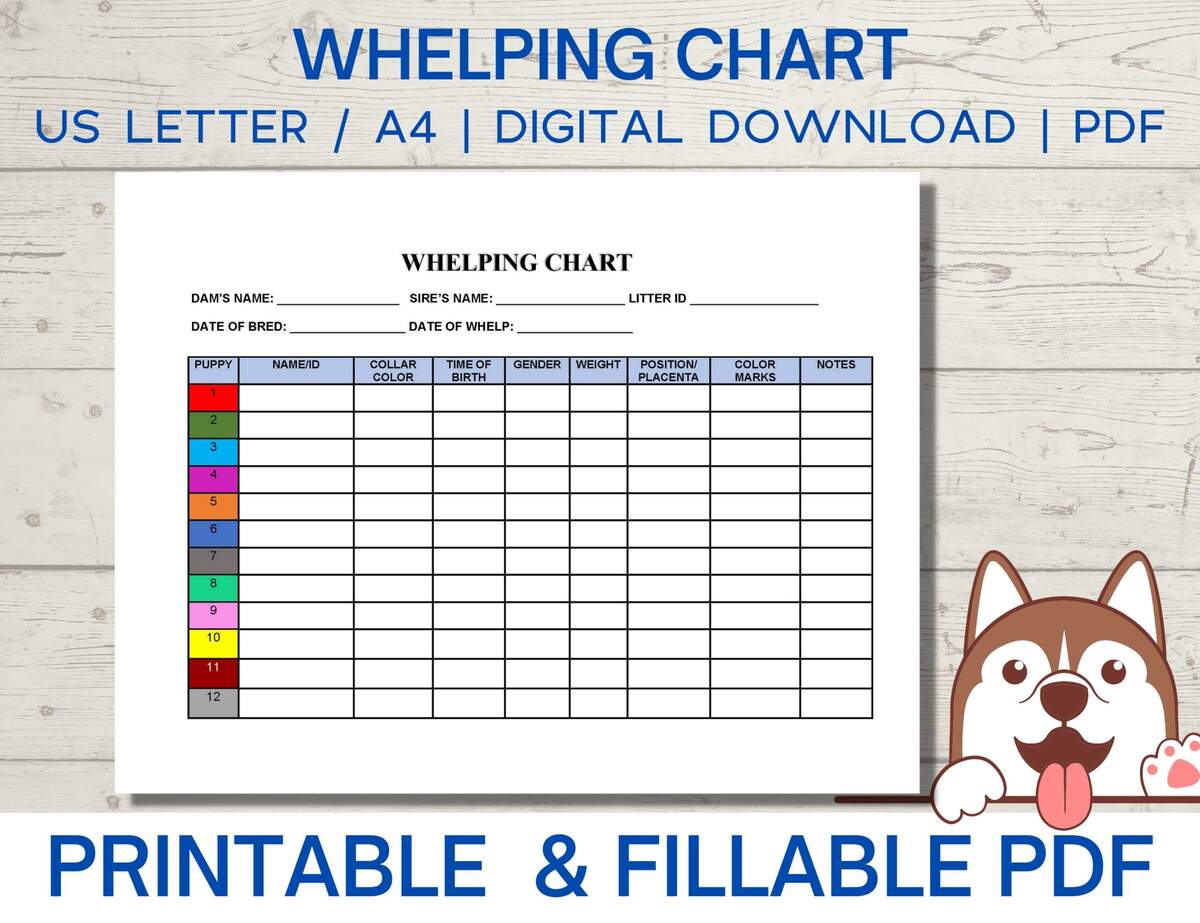 Dog Whelping Chart Template Puppy Weight Tracker Digital Download Etsy