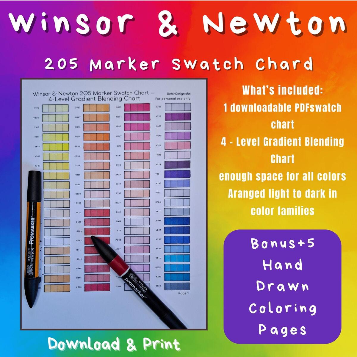 Winsor Newton Promarkers 205 Swatch Chart Printable PDF 4 Level Gradient Blending Chart Digital Download Etsy