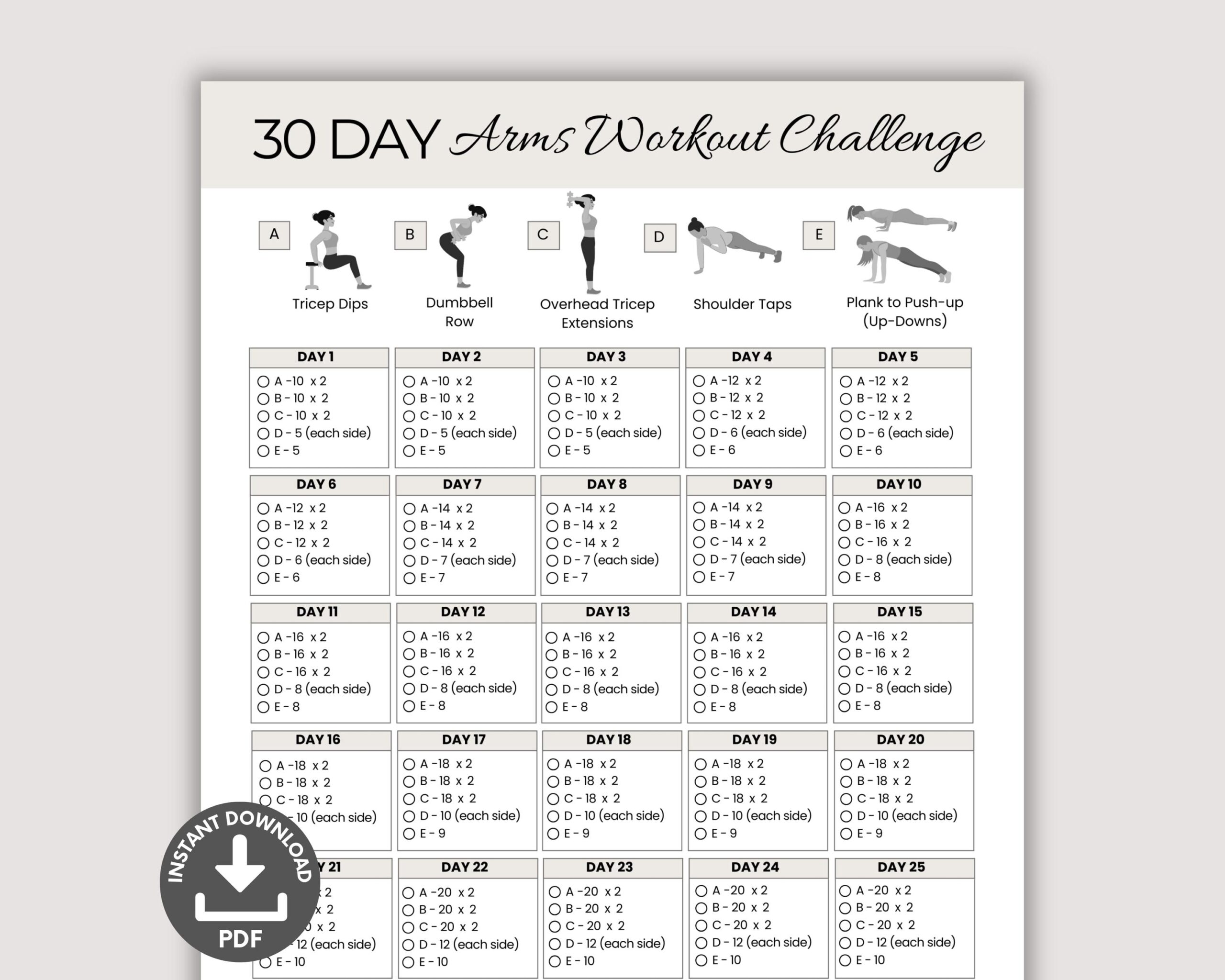 30 Day Arm Challenge Printable Toned Arms Workout Fitness Tracker Arm Workout Guide Exercise Plan Home Fitness Routine Summer Body Etsy