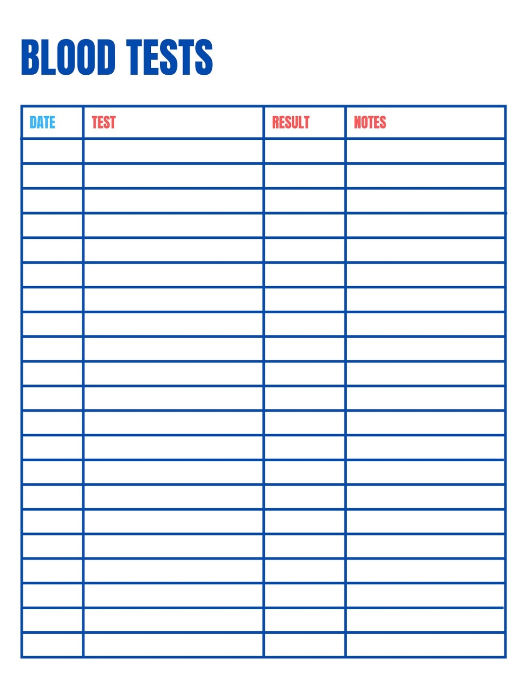 Blood Test Results Log Printable Template Digital Download Lab Results Tracker Medical Record Organizer Health Monitoring Sheet Etsy