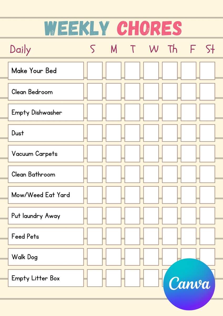 Teen And Tween Printable Chore Chart Sunshine And Hurricanes
