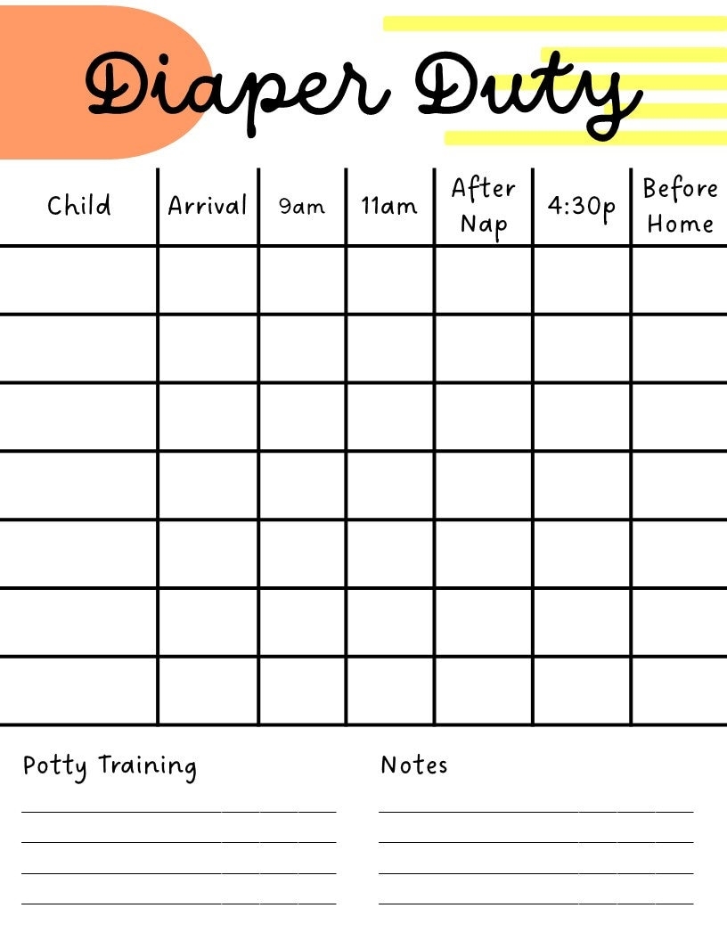 Diaper Tracker Chart Daycare Childcare Preschool Potty Chart Etsy