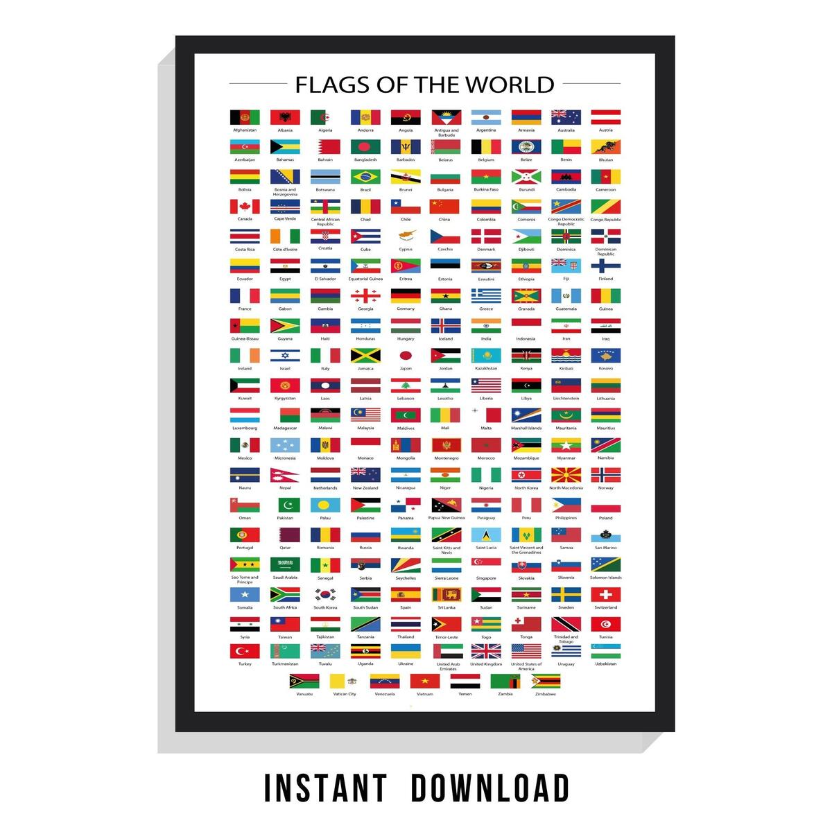 Flags Of The World Chart Educational Poster Printable Travel Geography Wall Decor Digital Download For Classroom And Home Decor Etsy
