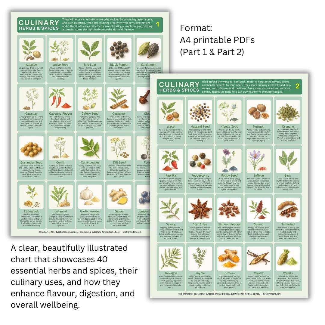 Herbs Spices Kitchen Chart Set Illustrated Cooking Guide Digital PDF A4 US Letter Etsy