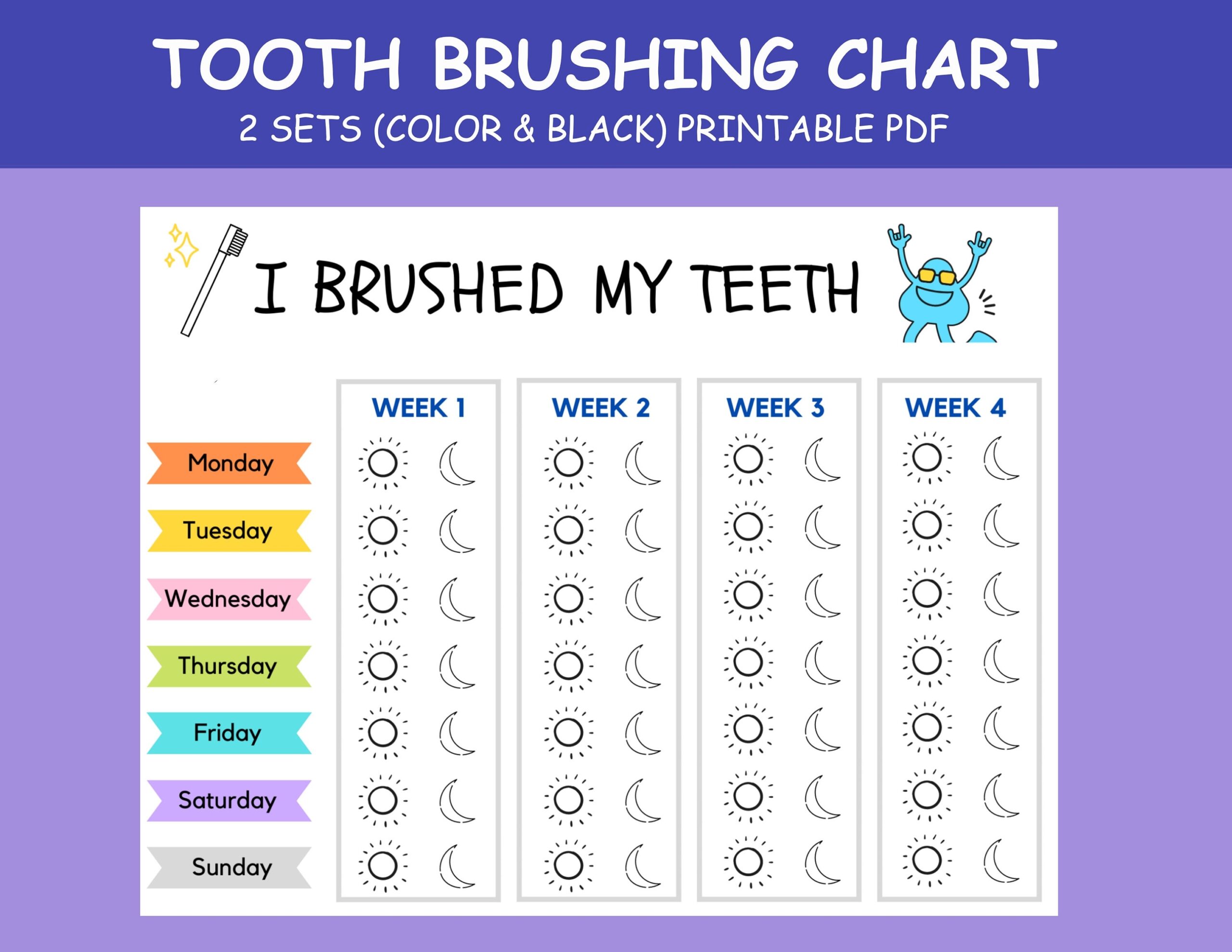 Printable Brushing Teeth Chart Toddler Brushing Kids Routine Monthly Brushing Checklist Toothbrush Schedule Print Yourself Etsy Israel
