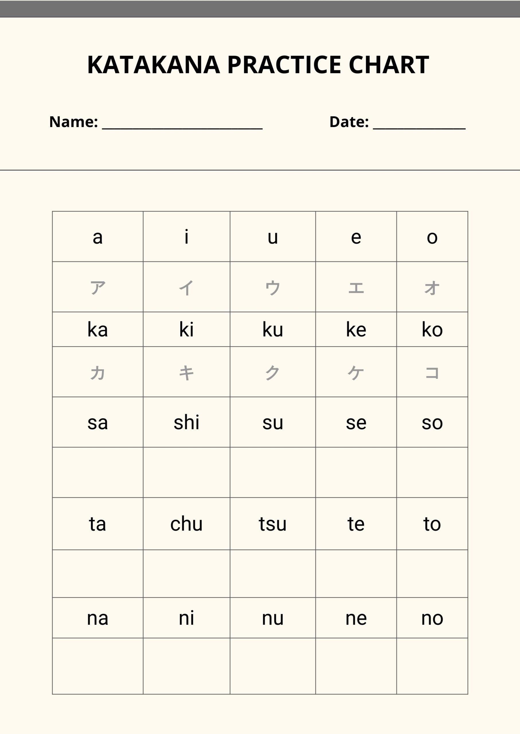 Katakana Practice Chart In Illustrator PDF Download Template Katakana Practice Chart In Illustrator PDF Download Template