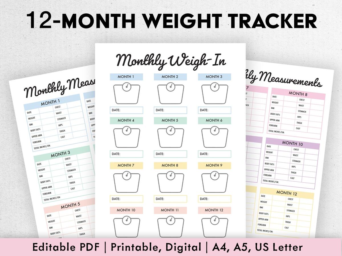 Monthly Weight Loss Tracker Printable Digital Editable PDF 12 Month Weight Journal One Year Weight Gain Loss Weight Measurement Chart Etsy