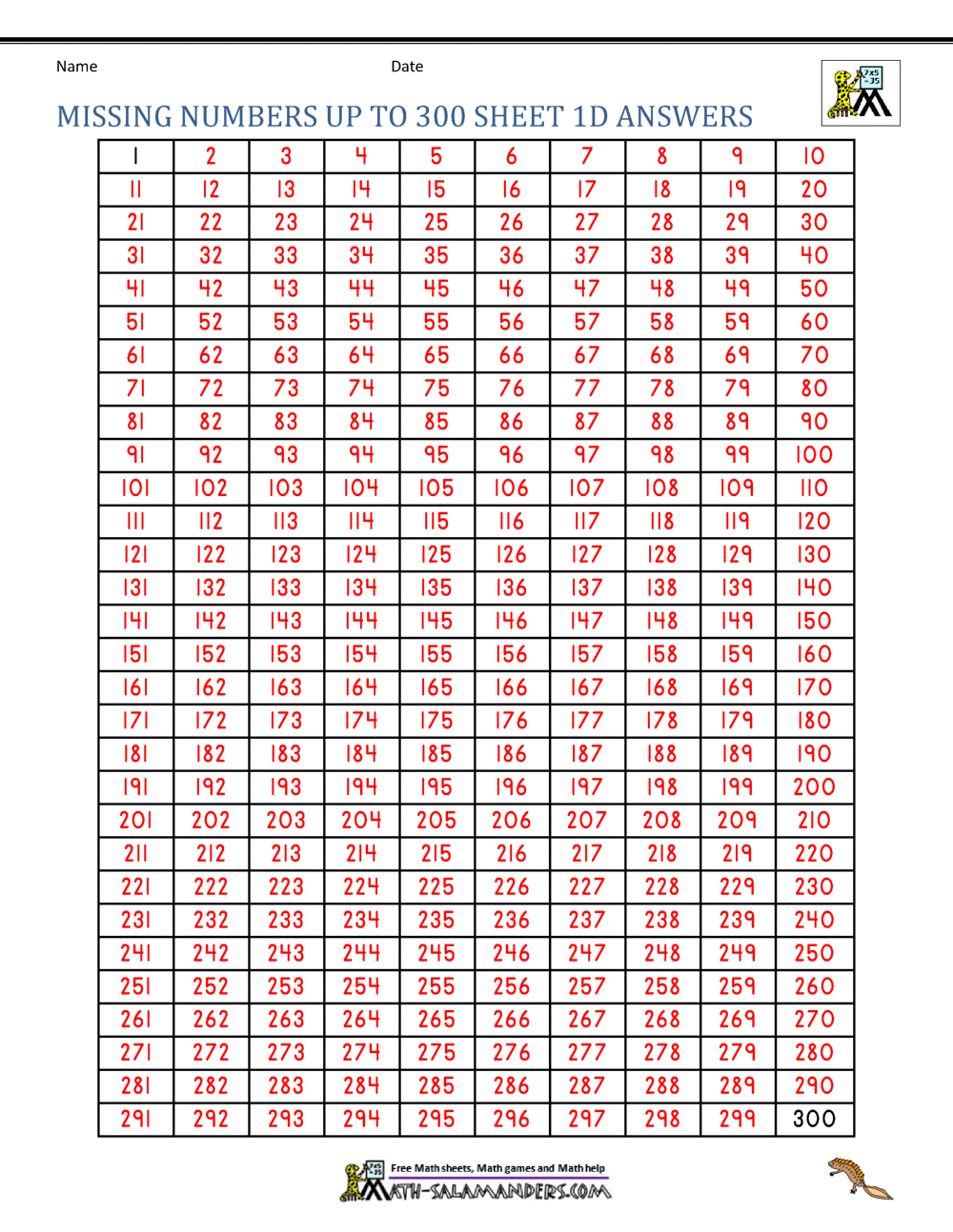 Number Grid Up To 300