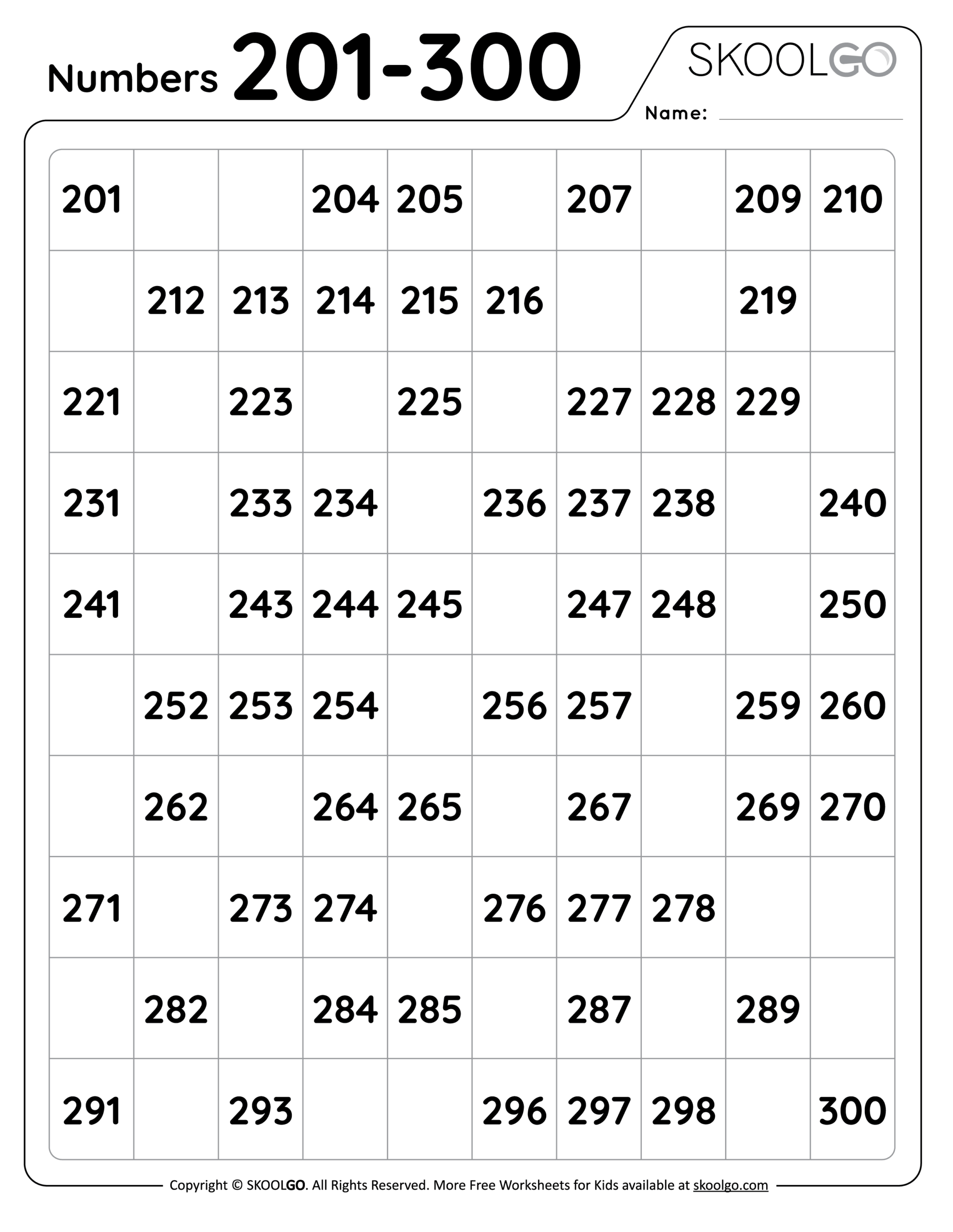 Numbers 201 To 300 Free Worksheet For Kids SKOOLGO