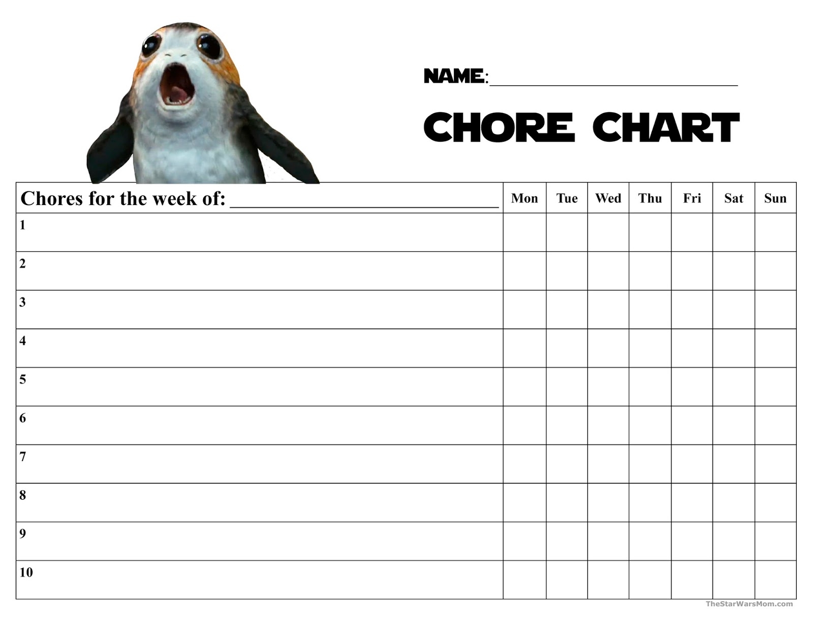 Porg Chore Chart Star Wars Porgs The Last Jedi The Star Wars Mom Parties Recipes Crafts And Printables