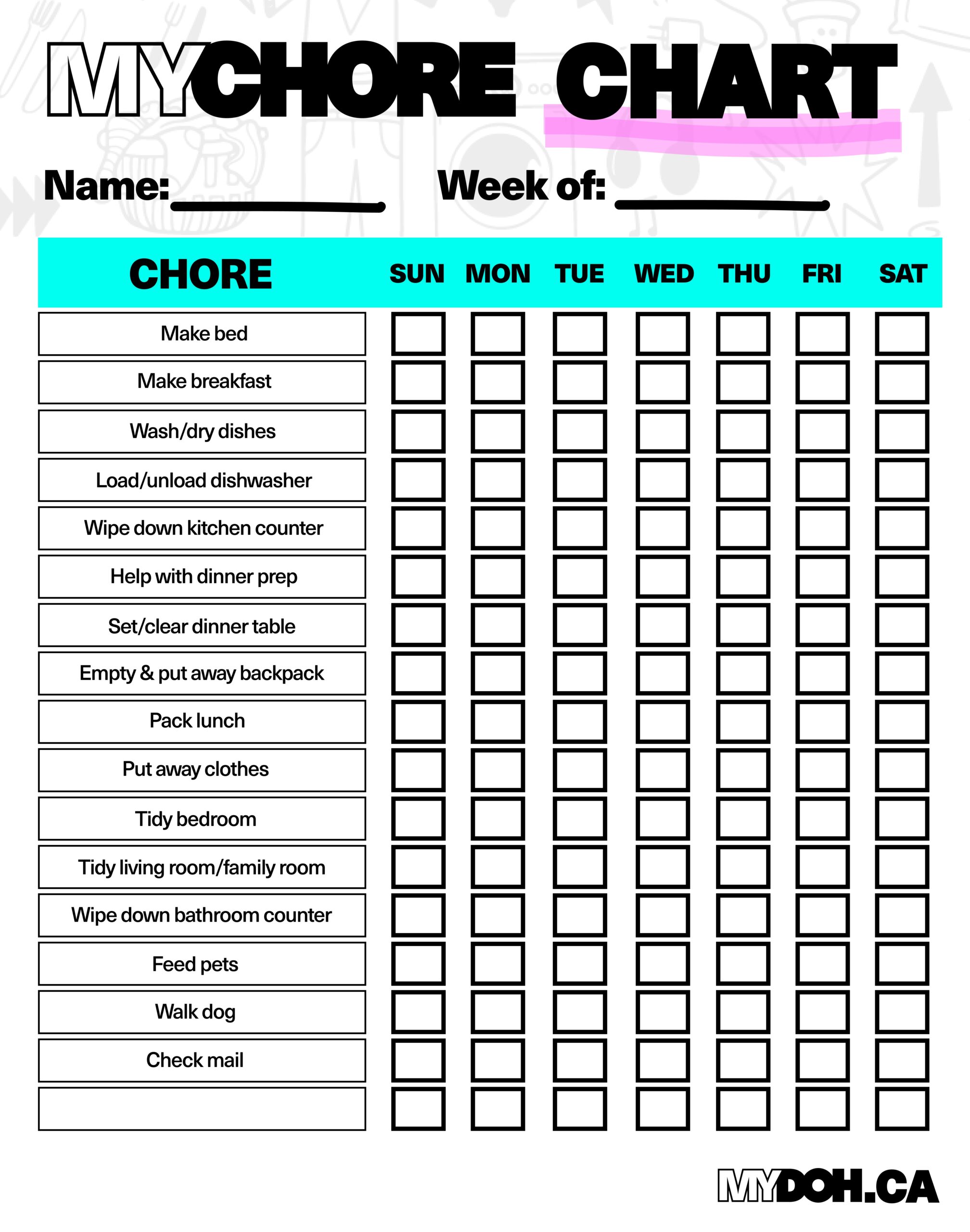 Printable Chore List For Teens