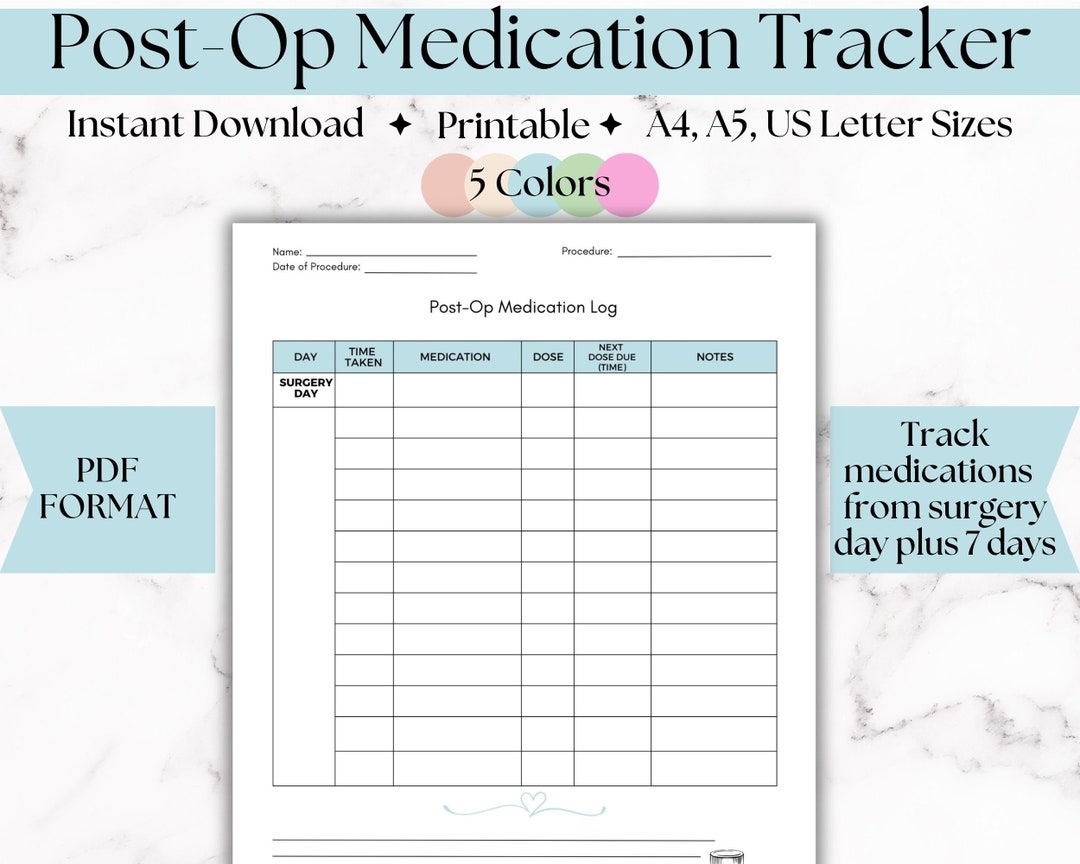 Post Op Medicine Pain Tracker Surgery Recovery Log Digital Download Etsy