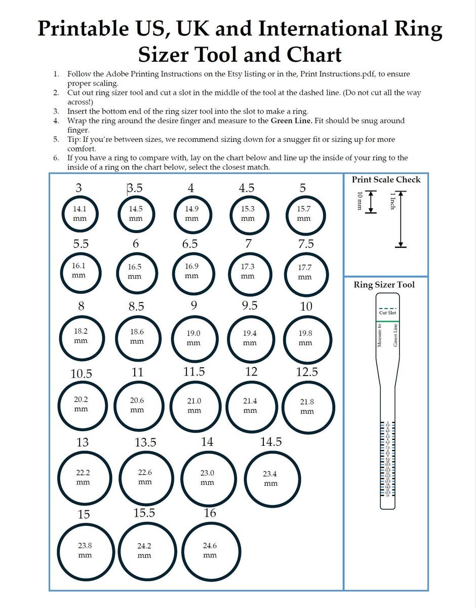 Printable Ring Sizer Tool US UK International Size Chart PDF Download Etsy Norway