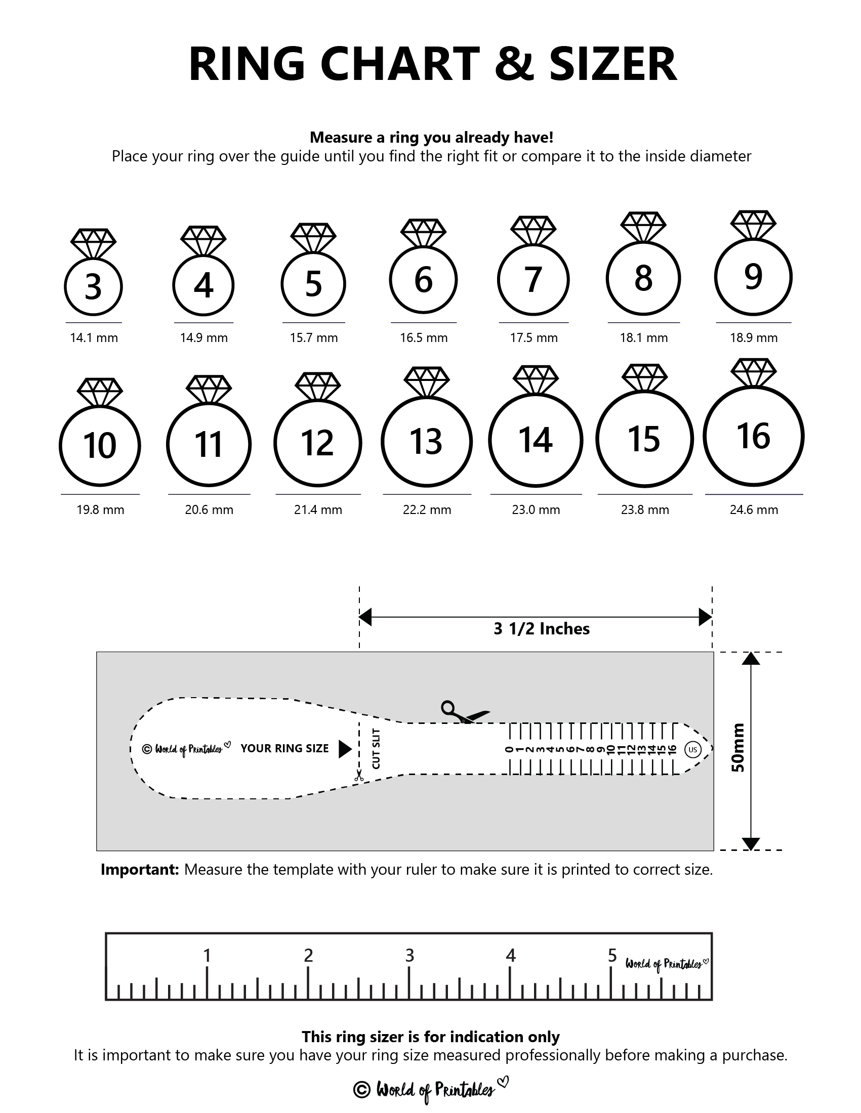 Printable Ring Sizer With Half Sizes Printable Finger Size Measurement Measuring Tool Ring Size Chart