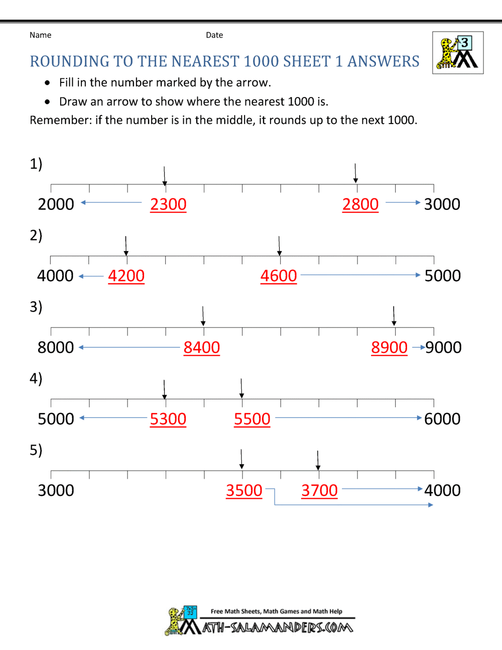 Rounding To The Nearest 1000 Worksheets