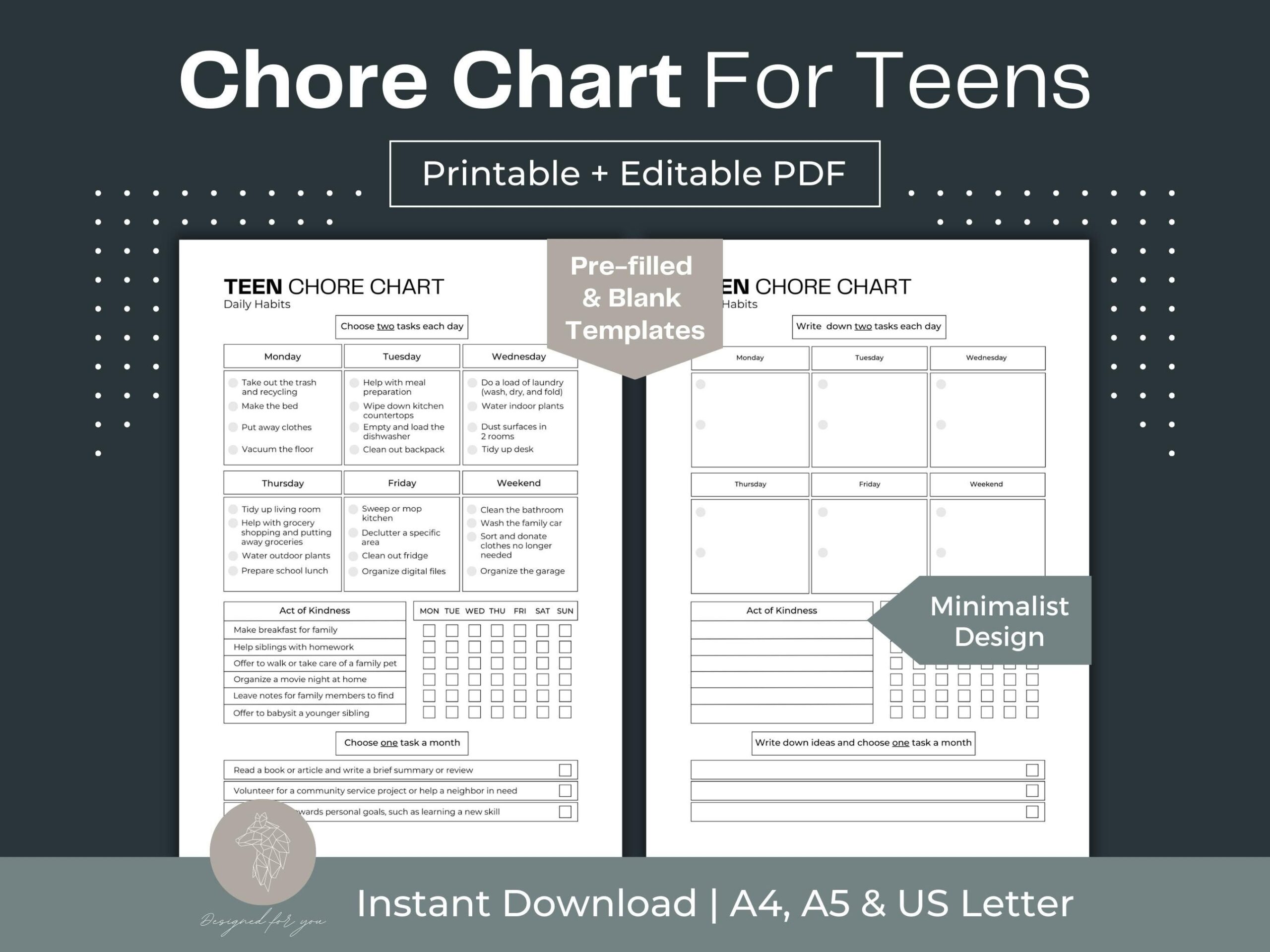 Teen Chore Chart Printable Fillable PDF Cleaning Planner A4 A5 Letter Etsy