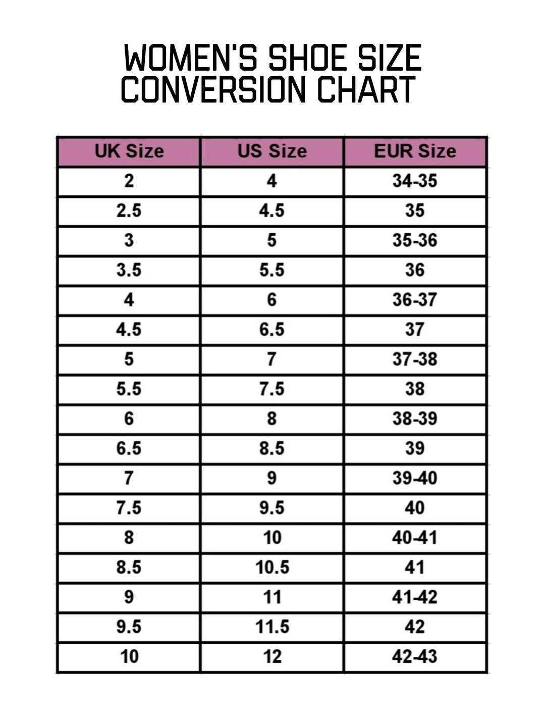 Women S Shoe Size Conversion Chart UK US EUR Digital Download Etsy Denmark
